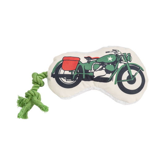 Crinkle dog toy for chewers shaped like a motorcycle with rope attachment for added fun