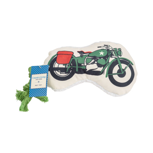 Green motorcycle plush crinkle dog toy for chewers with vibrant design and rope tail