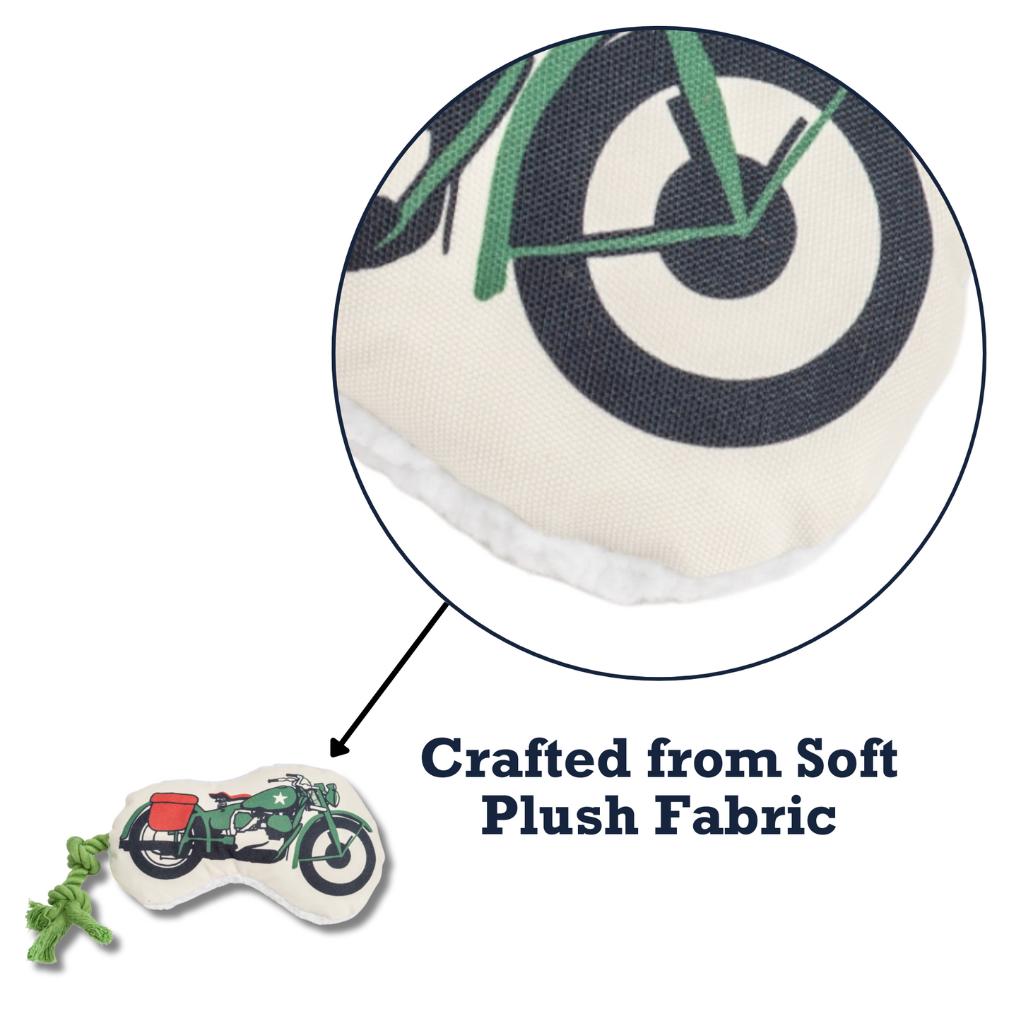 Crinkle dog toy for chewers featuring a soft plush design with a motorcycle print for playful pups