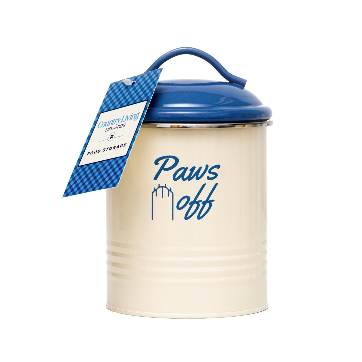 Country Living dog treat jars in cream color with blue lid and Paws Off design for pet food storage