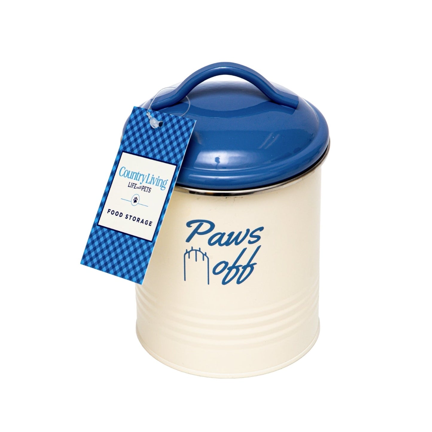 Country Living dog treat jars with a blue lid and 'Paws Off' design for pet food storage