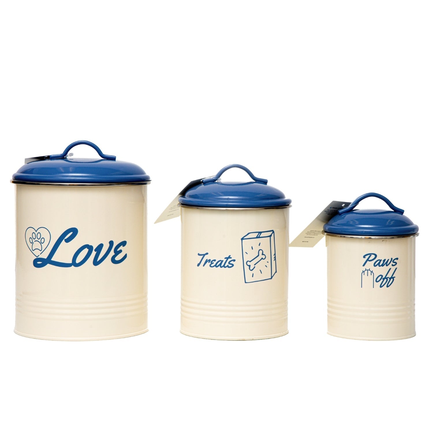 Country living dog treat jars set in cream and blue for storing pet treats stylishly