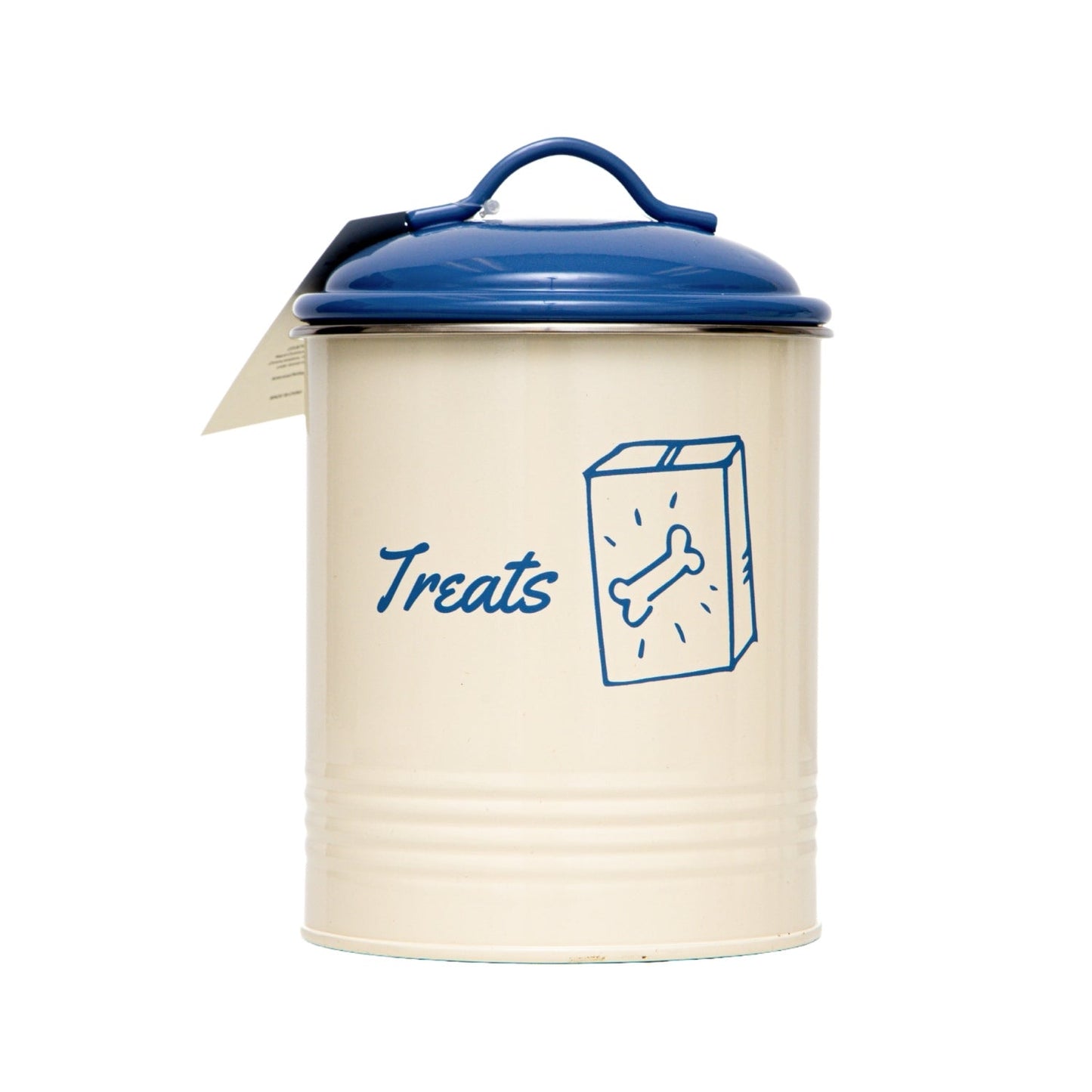 Country living dog treat jars in cream color with blue lid, perfect for storing pet treats