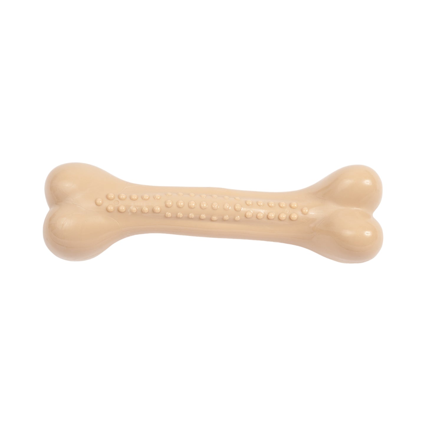 Durable chew toy for aggressive dogs shaped like a bone in a beige color