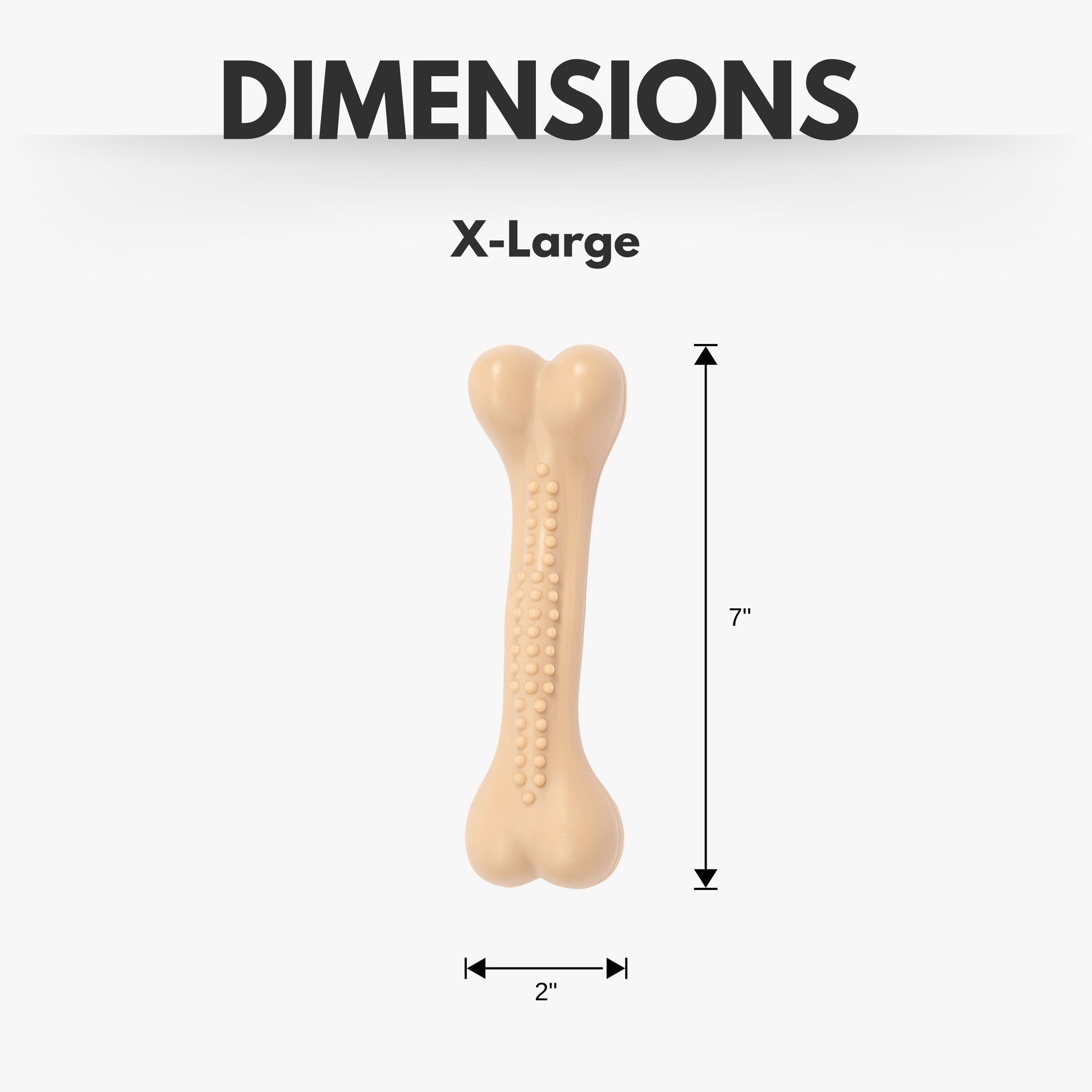 Durable chew toy for aggressive dogs in an X-Large bone shape measuring 7 inches long and 2 inches wide