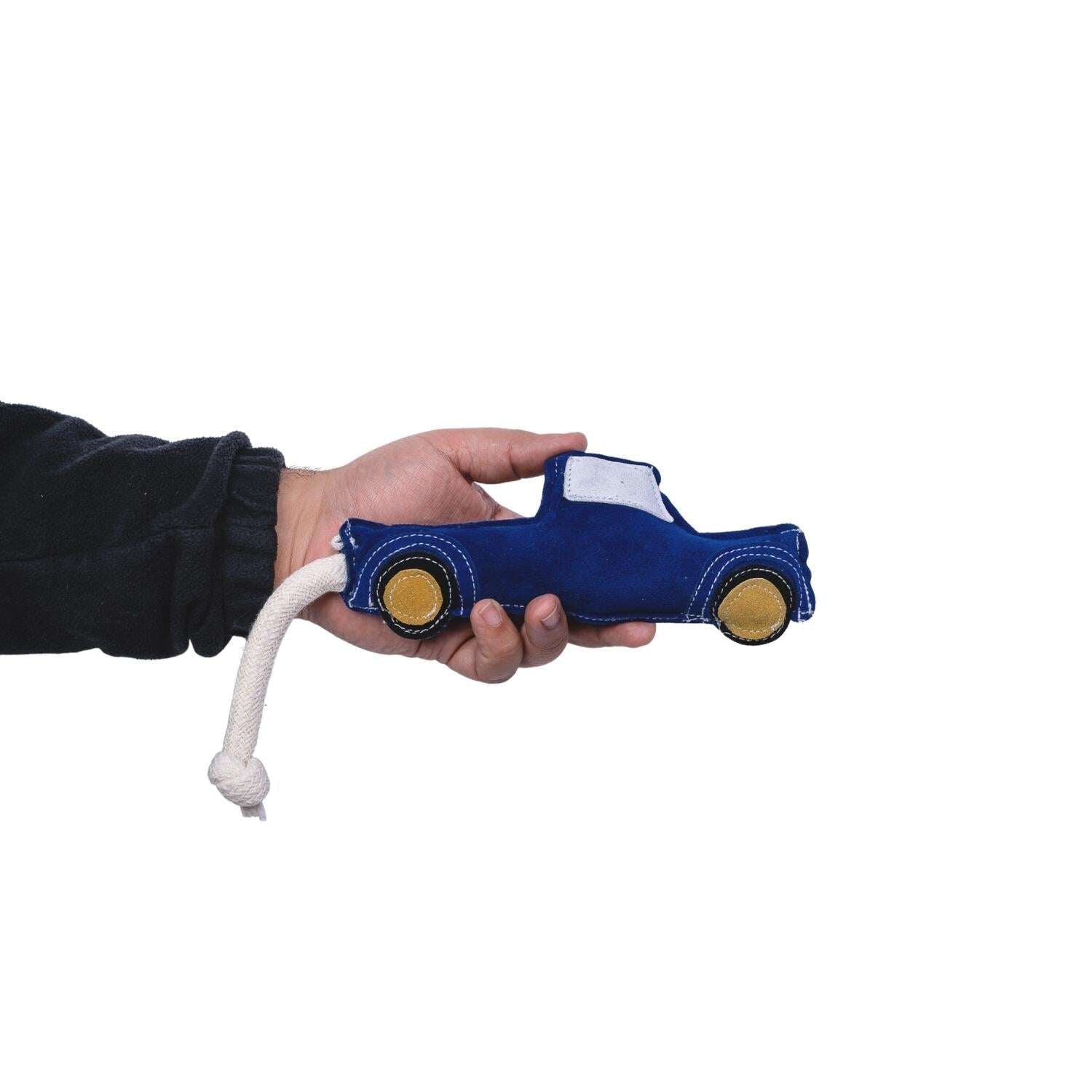 Durable dog chew toy for aggressive chewers designed as a blue truck with a rope tail