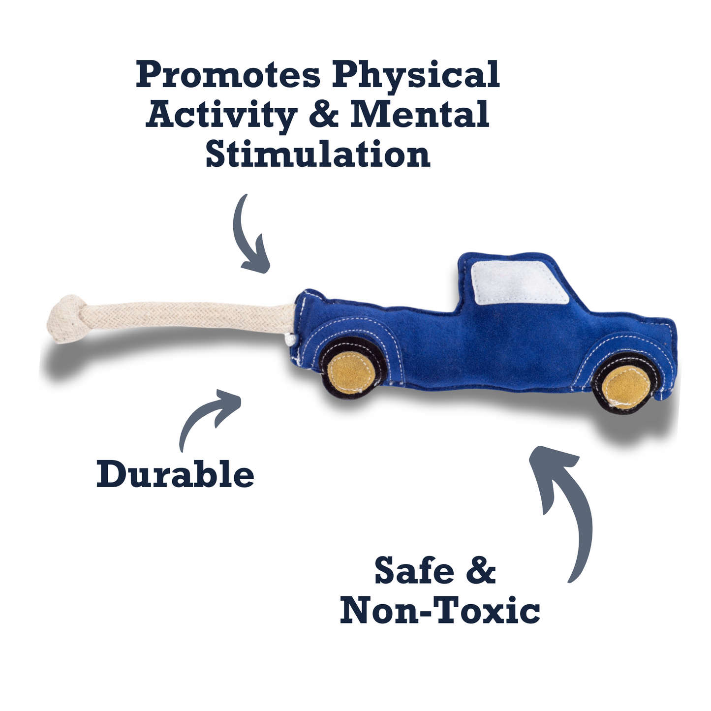 Durable dog chew toy for aggressive chewers in the shape of a blue truck promoting physical activity