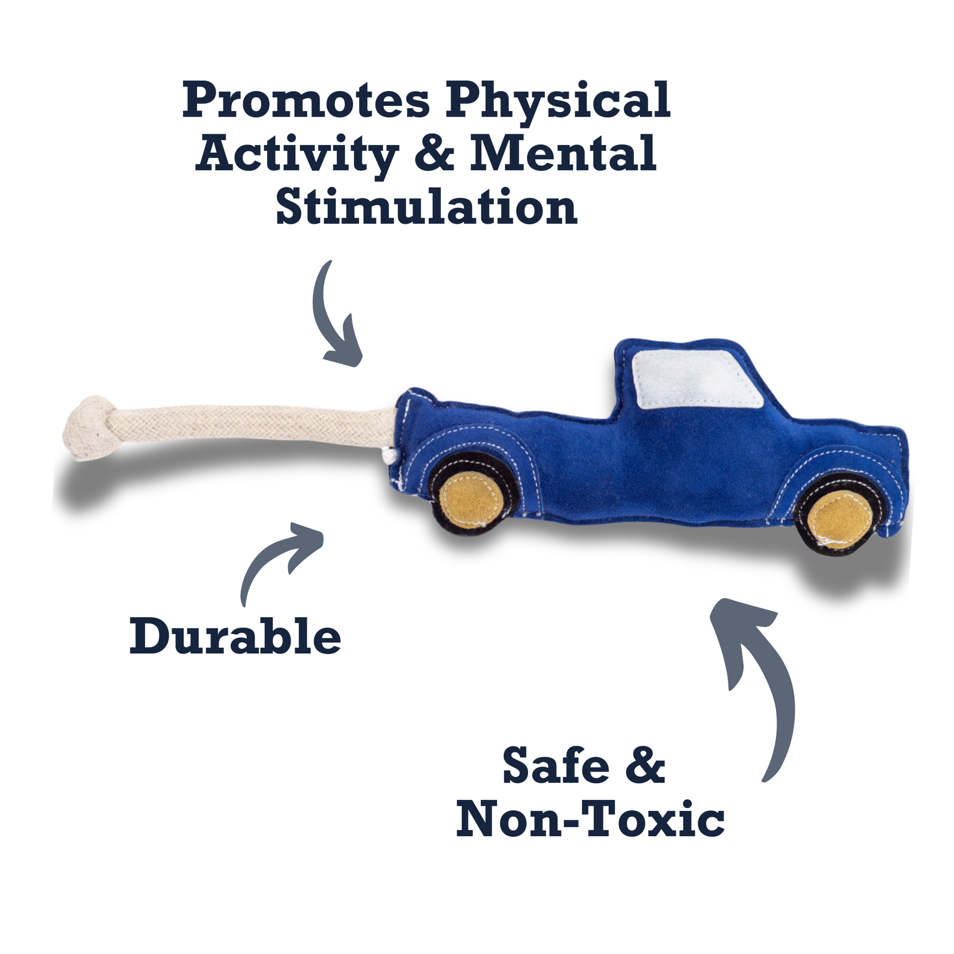 Durable dog chew toy for aggressive chewers in the shape of a blue truck promoting physical activity
