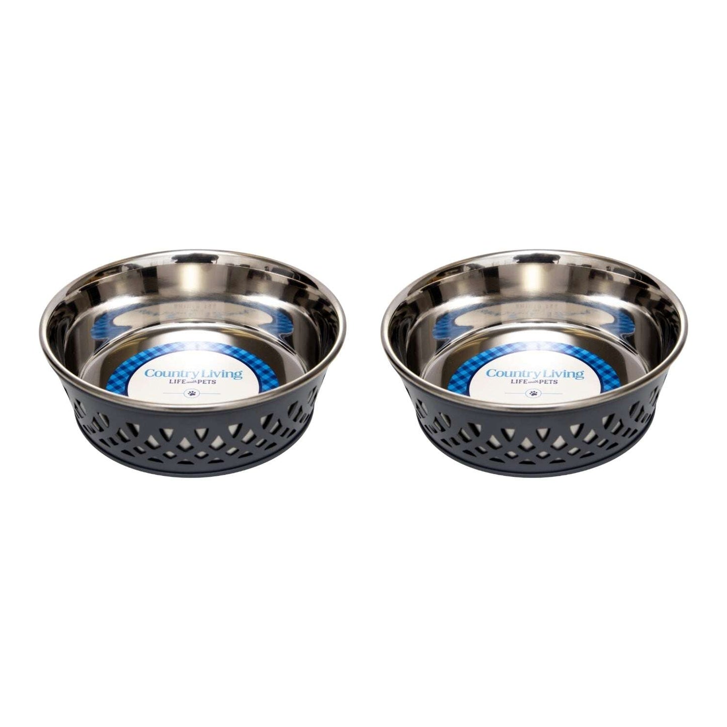 Set of durable metal dog food bowls in stainless steel with non-slip rubber base for stability