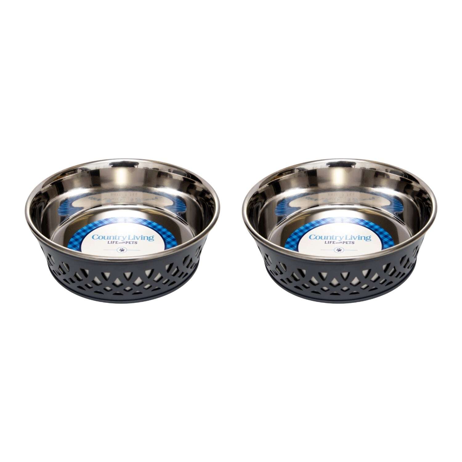 Set of durable metal dog food bowls in stainless steel with non-slip rubber base for stability
