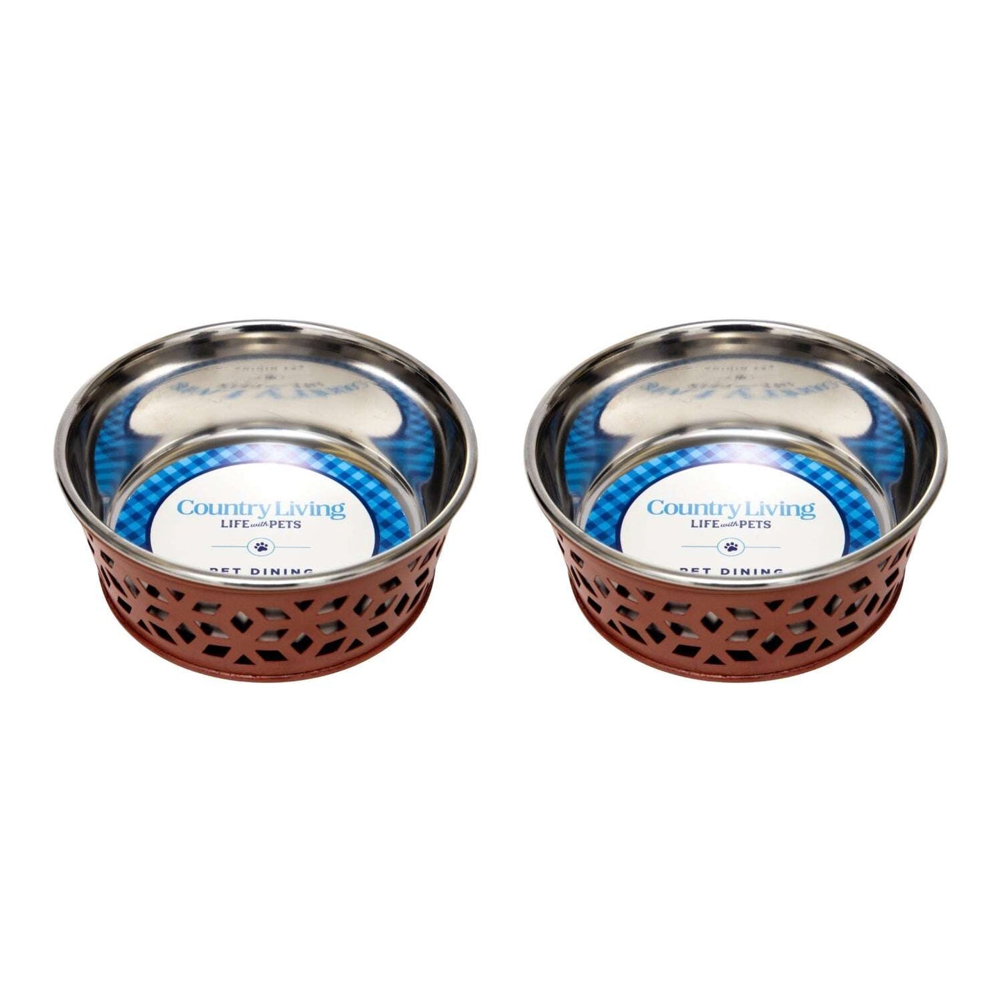 Set of two durable metal dog food bowls in stainless steel with decorative design for pets