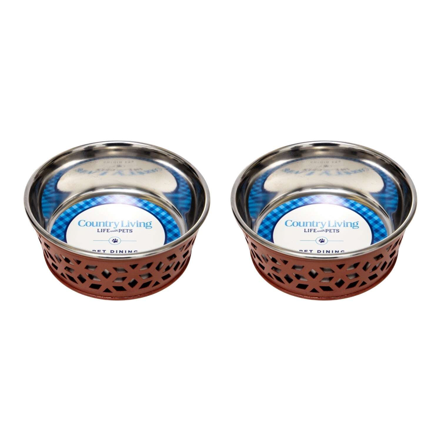 Set of two durable metal dog food bowls in stainless steel with decorative design for pets