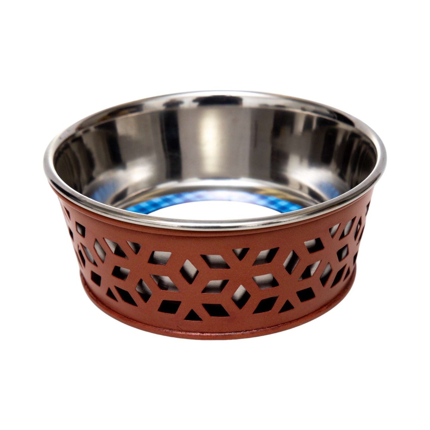 Stylish durable metal dog food bowls with an intricate design for pets from Purrfect Pet Kingdom