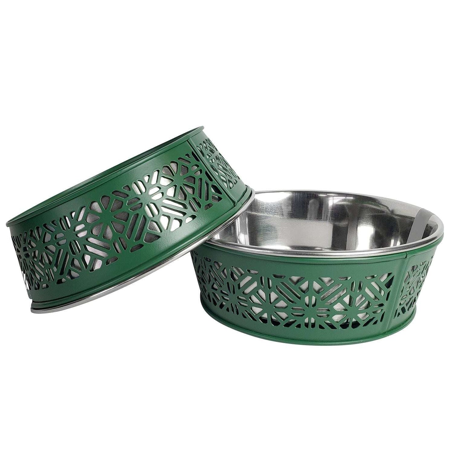 Set of durable metal dog food bowls with decorative green design for pets