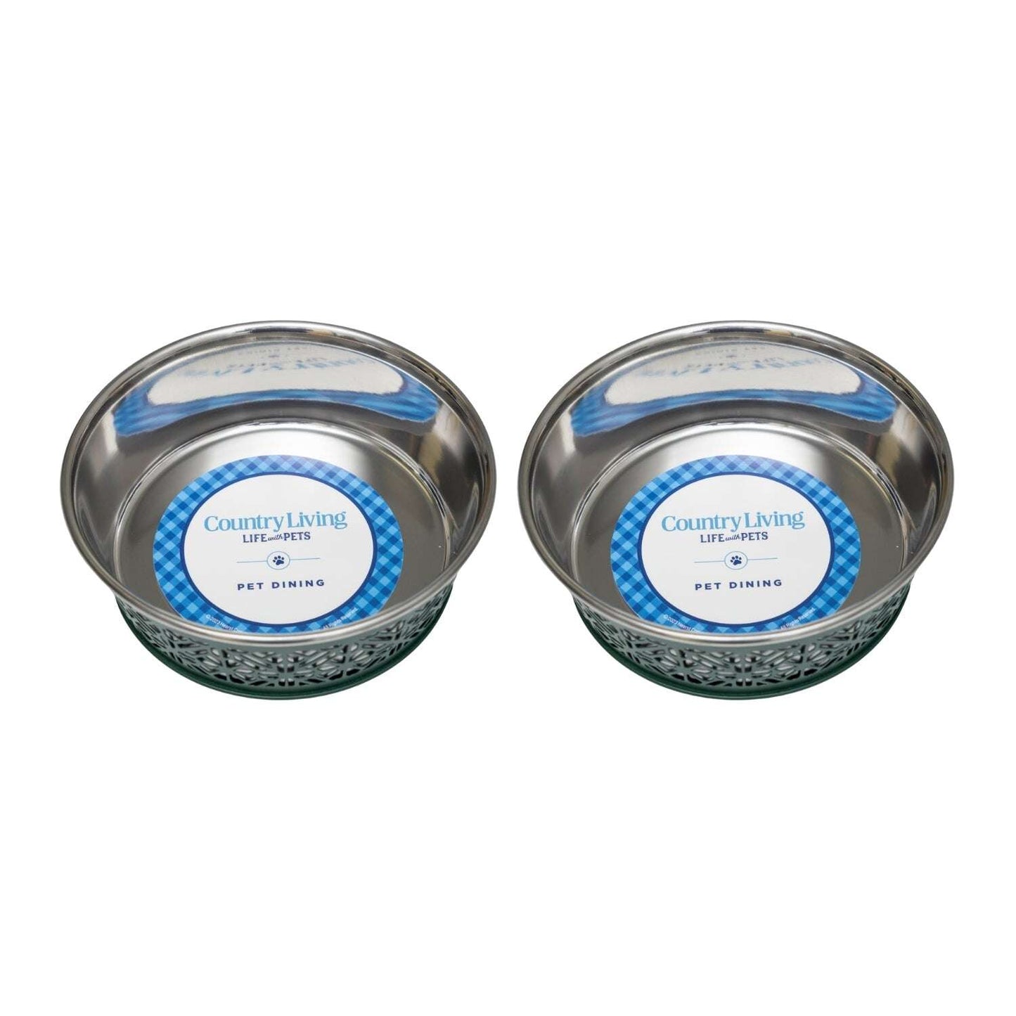 Set of two durable metal dog food bowls in stainless steel with non-slip bases for pets