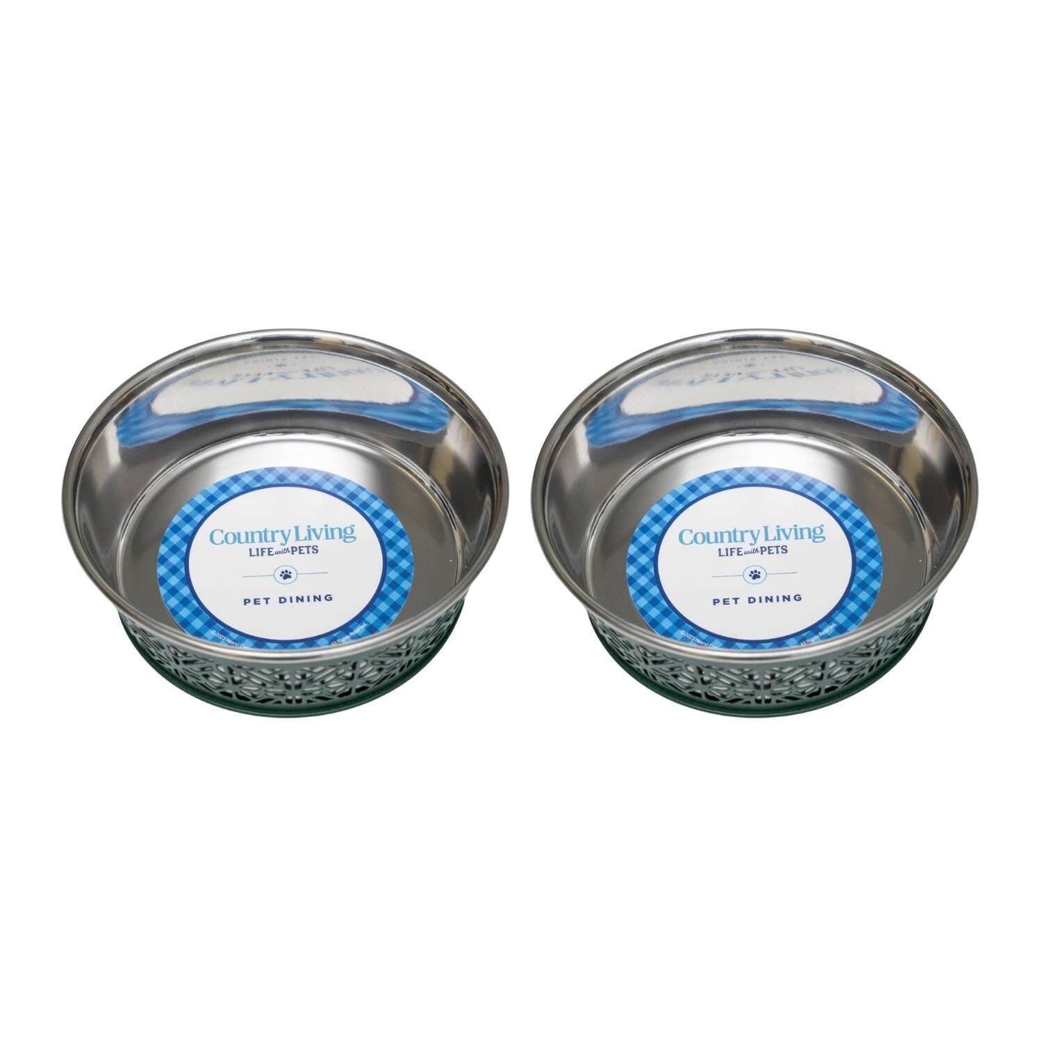 Set of two durable metal dog food bowls in stainless steel with non-slip bases for pets