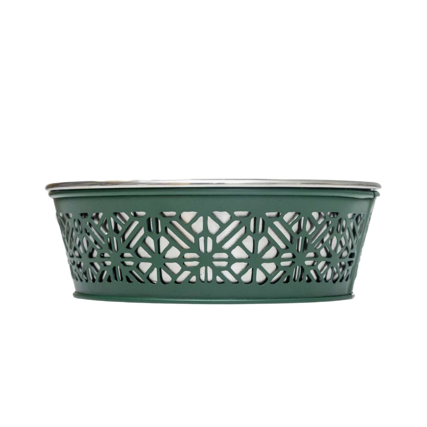 Durable metal dog food bowls with decorative green design for stylish pet feeding