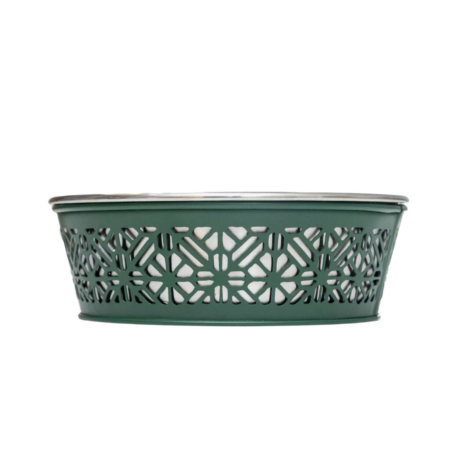Durable metal dog food bowls with decorative green design for stylish pet feeding