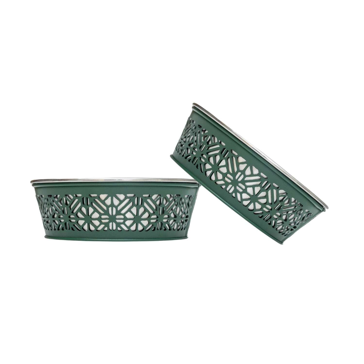 Stylish green durable metal dog food bowls with decorative cutout design for pets