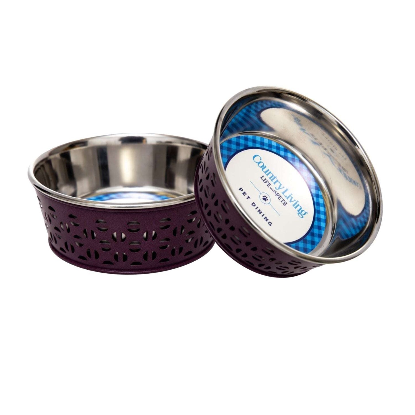 Set of durable metal dog food bowls with a stylish purple design for pets