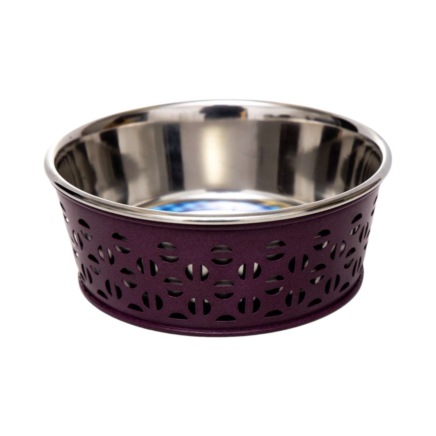 Stylish durable metal dog food bowls with a decorative purple exterior and stainless steel interior