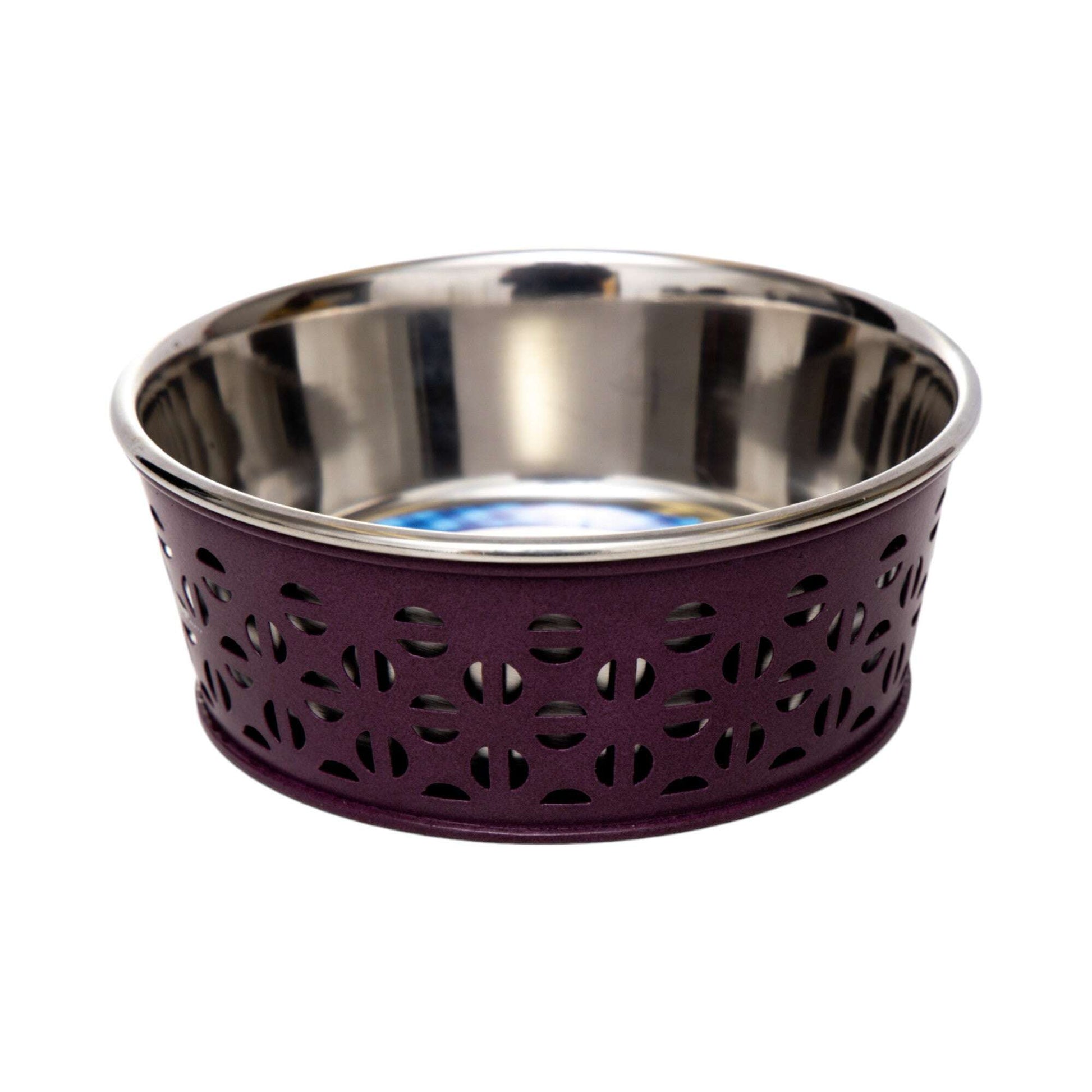 Stylish durable metal dog food bowls with a decorative purple exterior and stainless steel interior