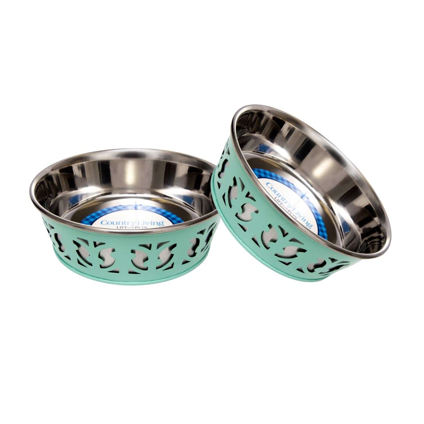 Set of durable metal dog food bowls with decorative design in mint green for stylish pet feeding