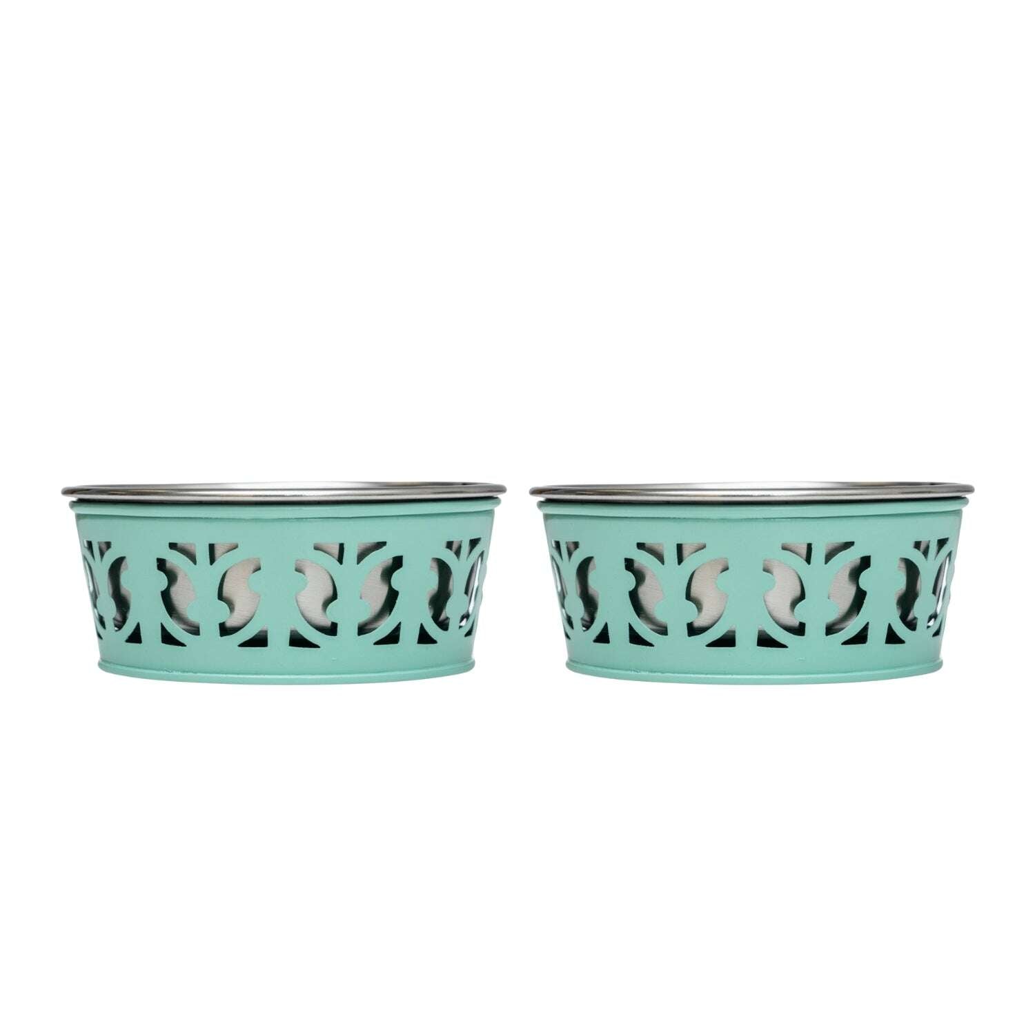 Durable metal dog food bowls in turquoise with decorative cutout designs for stylish pet feeding