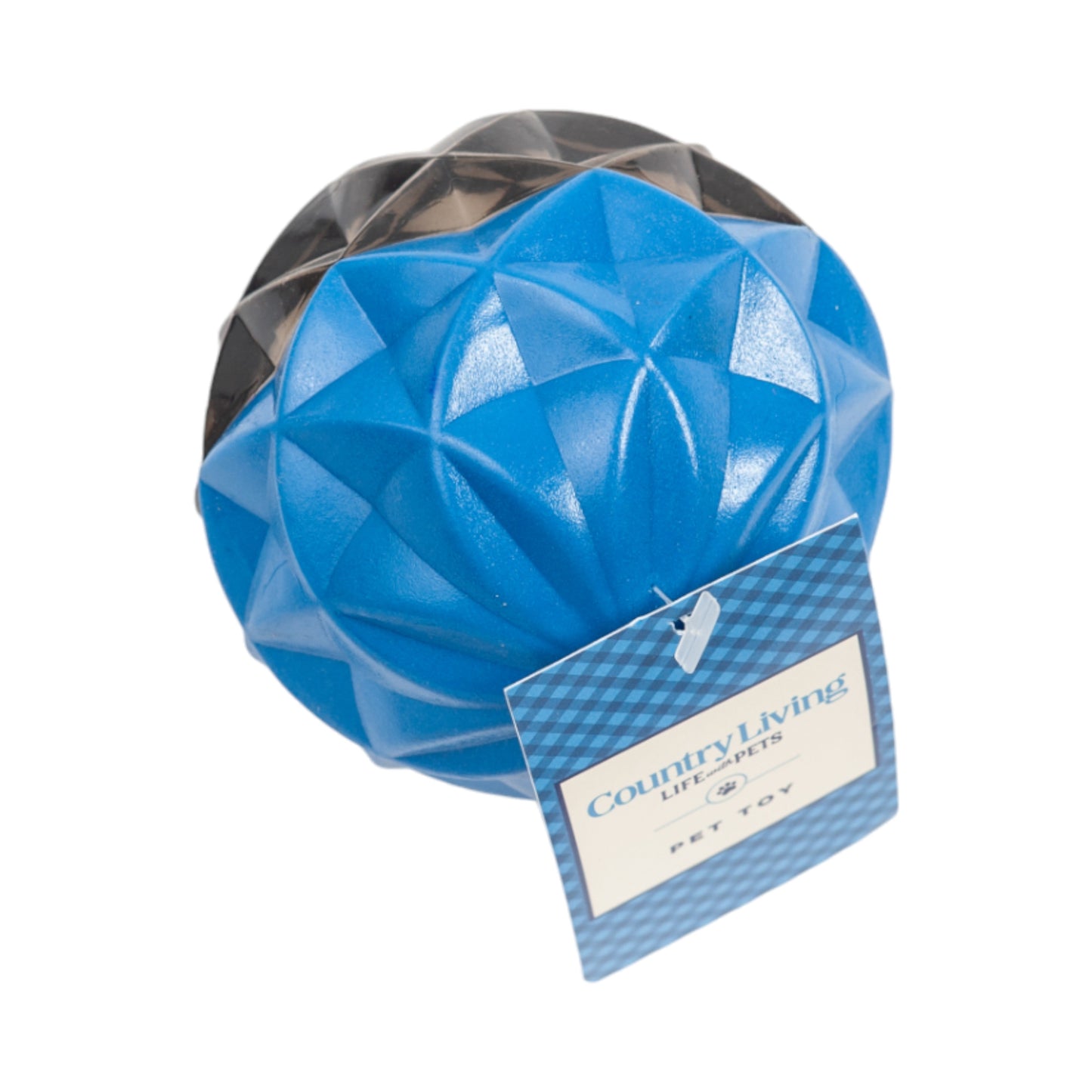 Large interactive rubber dog toy in blue and black with textured surface for playful dogs