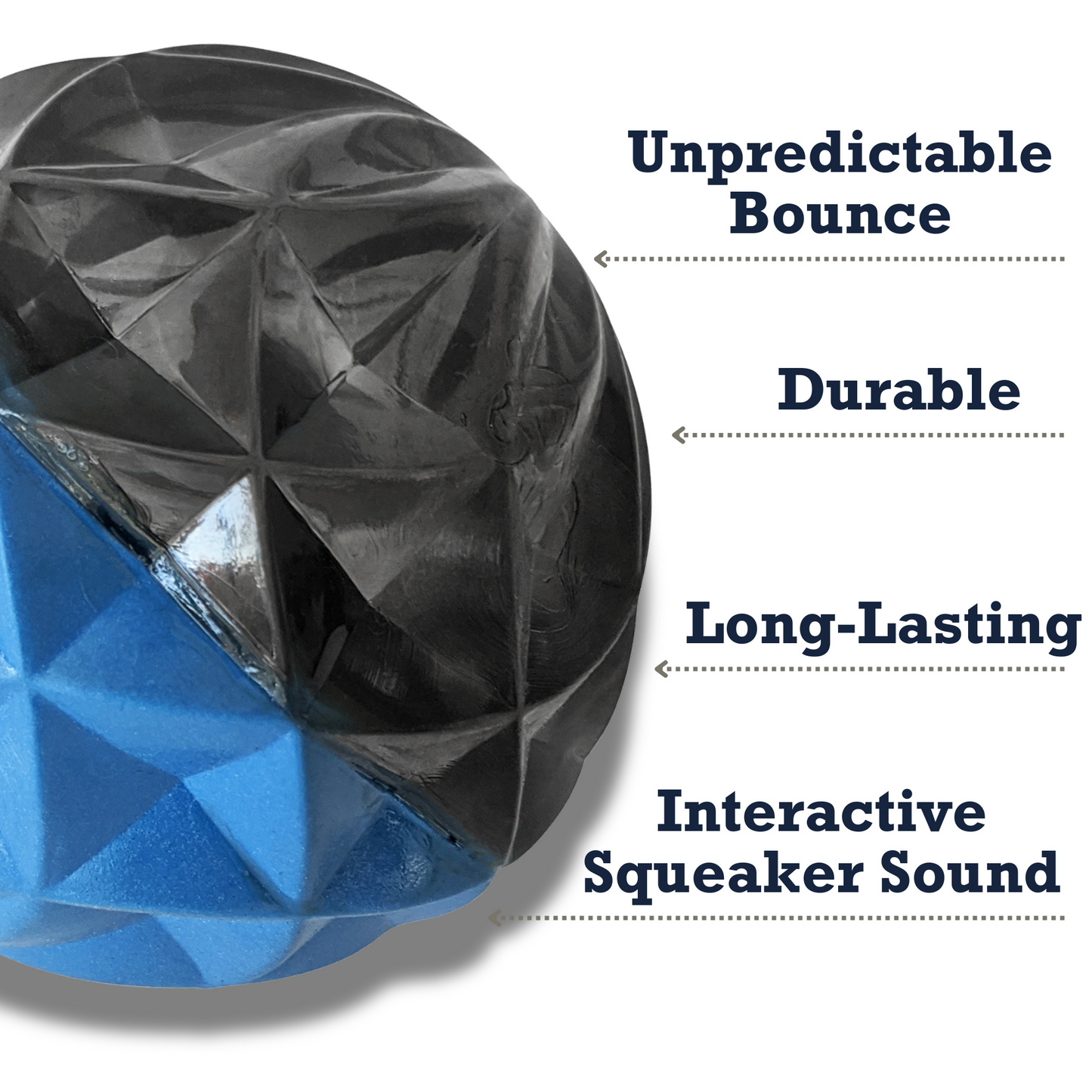 Large interactive rubber dog toy with unpredictable bounce, durable design, and long-lasting squeaker sound