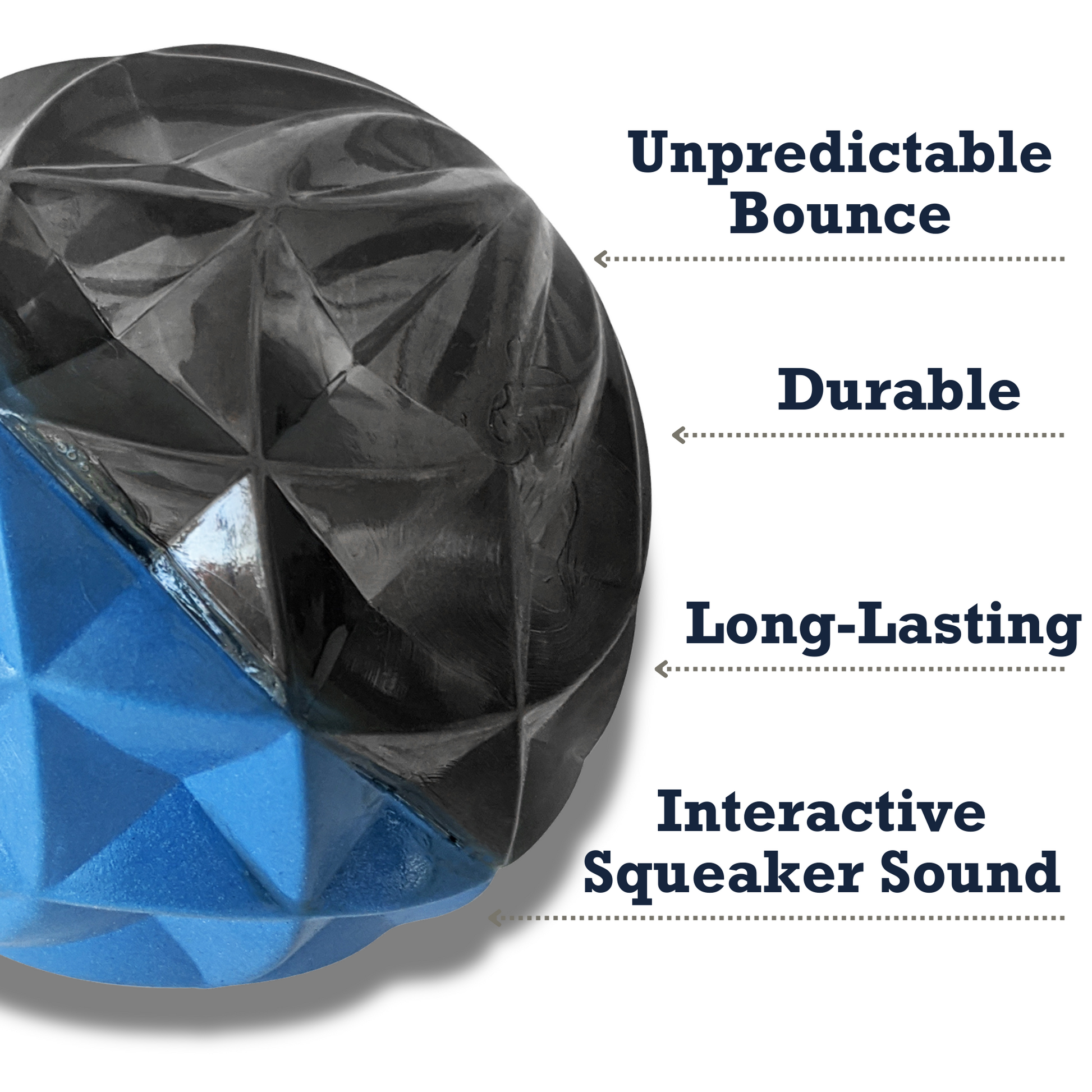 Large interactive rubber dog toy with unpredictable bounce, durable design, and long-lasting squeaker sound