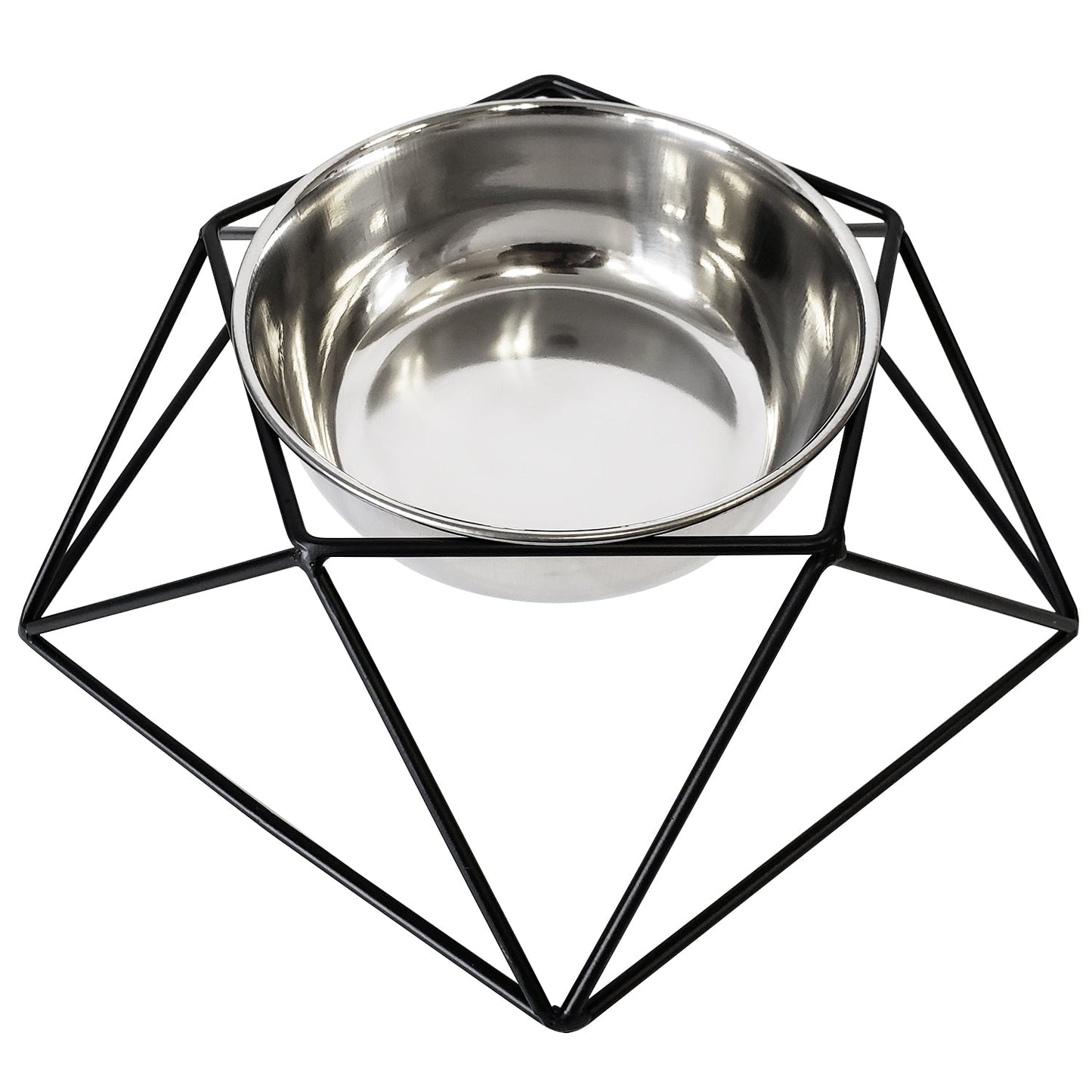 Luxury elevated dog bowl with stainless steel insert and modern geometric black metal holder