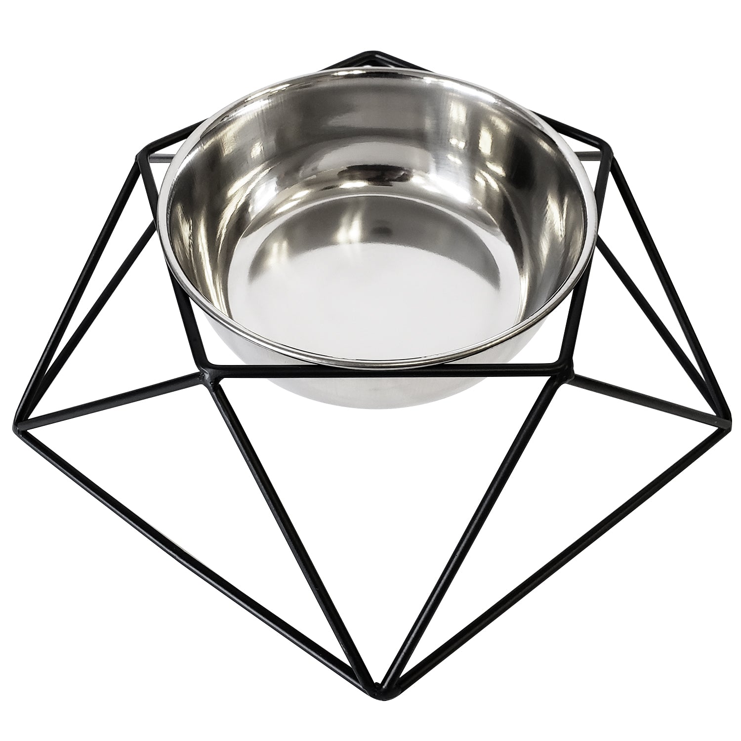 Luxury elevated dog bowl with stainless steel insert and modern geometric black metal holder