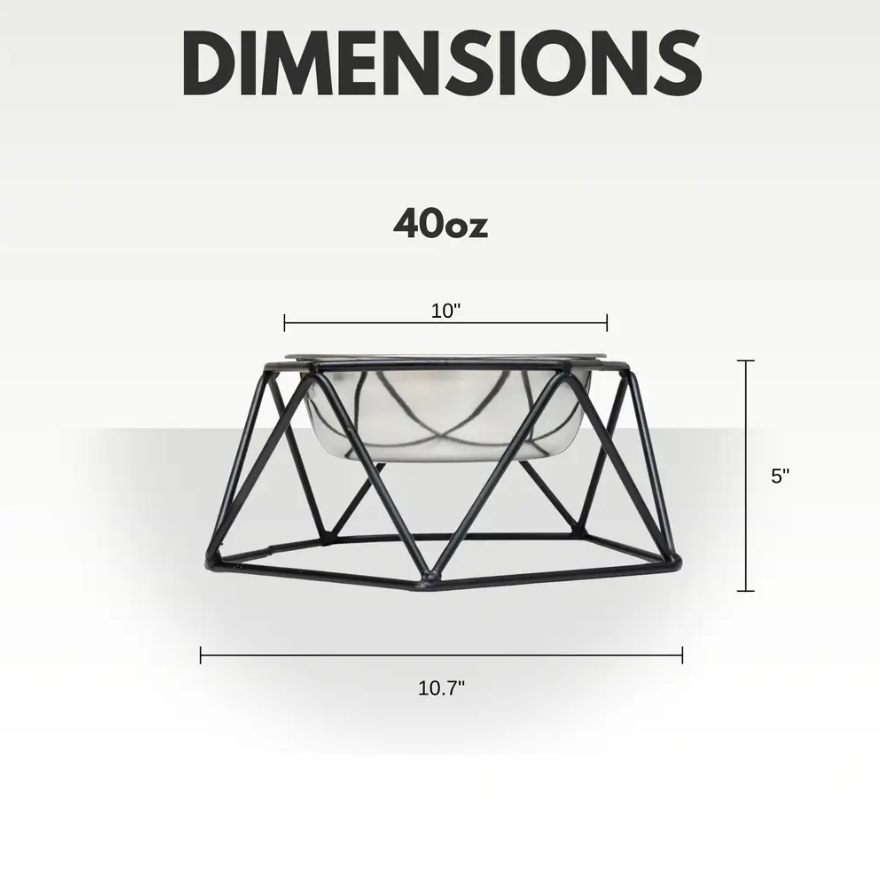 Luxury elevated dog bowl in geometric design with 40oz capacity and dimensions 10x10.7x5 inches
