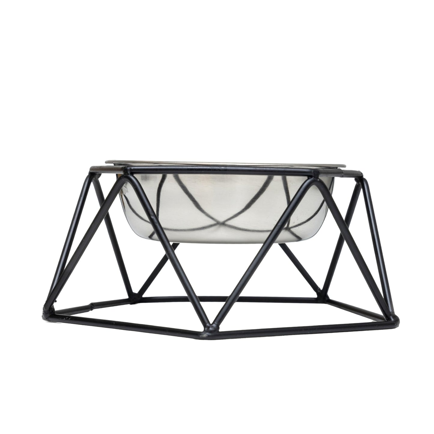 Luxury elevated dog bowl with a modern metal frame and stainless steel feeding dish