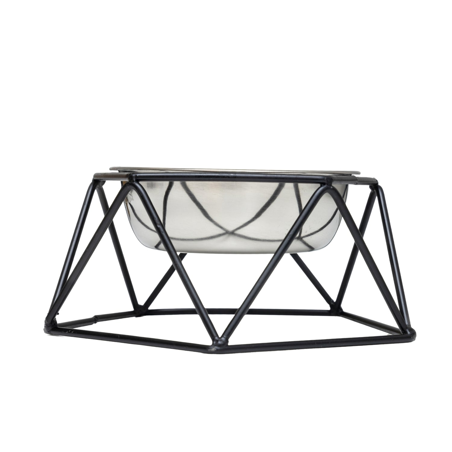 Luxury elevated dog bowl with a modern metal frame and stainless steel feeding dish