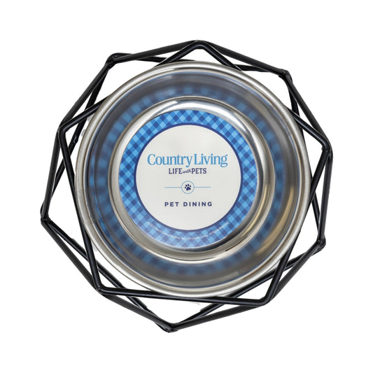 Luxury elevated dog bowl with stainless steel dish and stylish black wire frame for pet dining