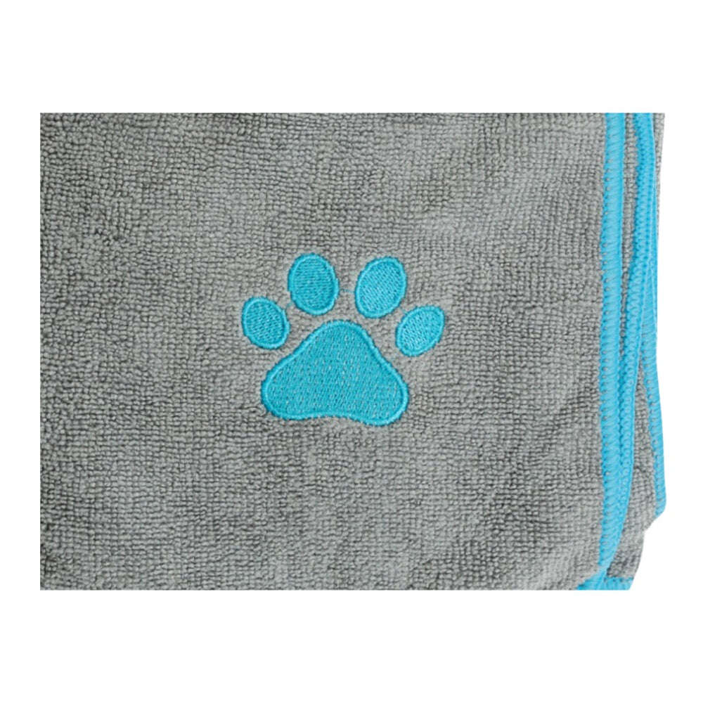 Soft luxury pet bath towel for dogs with a blue paw print design for easy drying