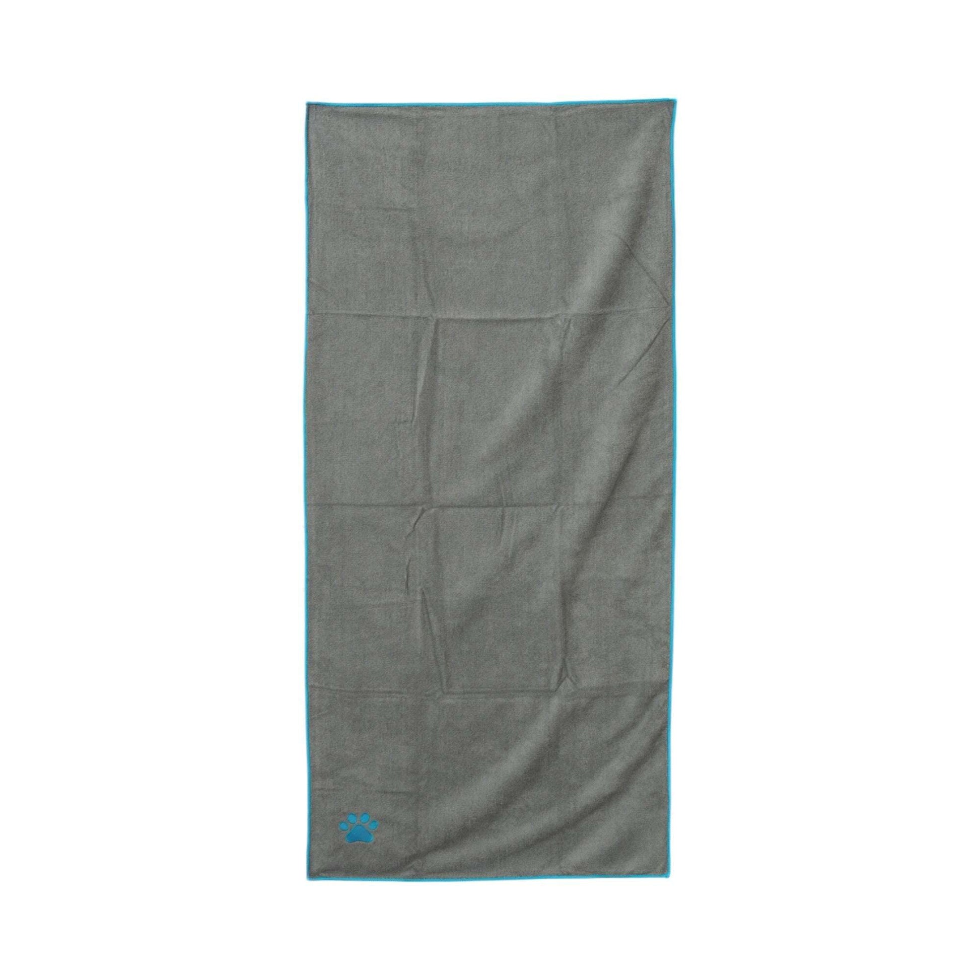 Luxury pet bath towel for dogs in gray with blue trim for quick drying after baths