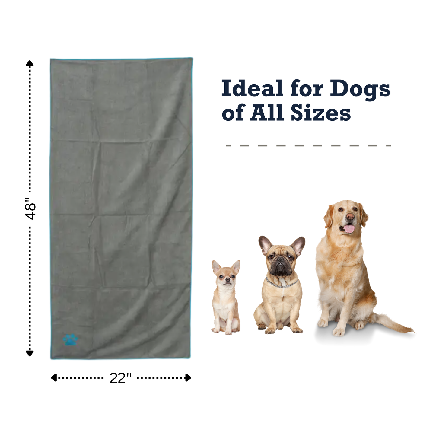 Luxury pet bath towel for dogs in gray, 22x48 inches, ideal for all dog sizes after baths
