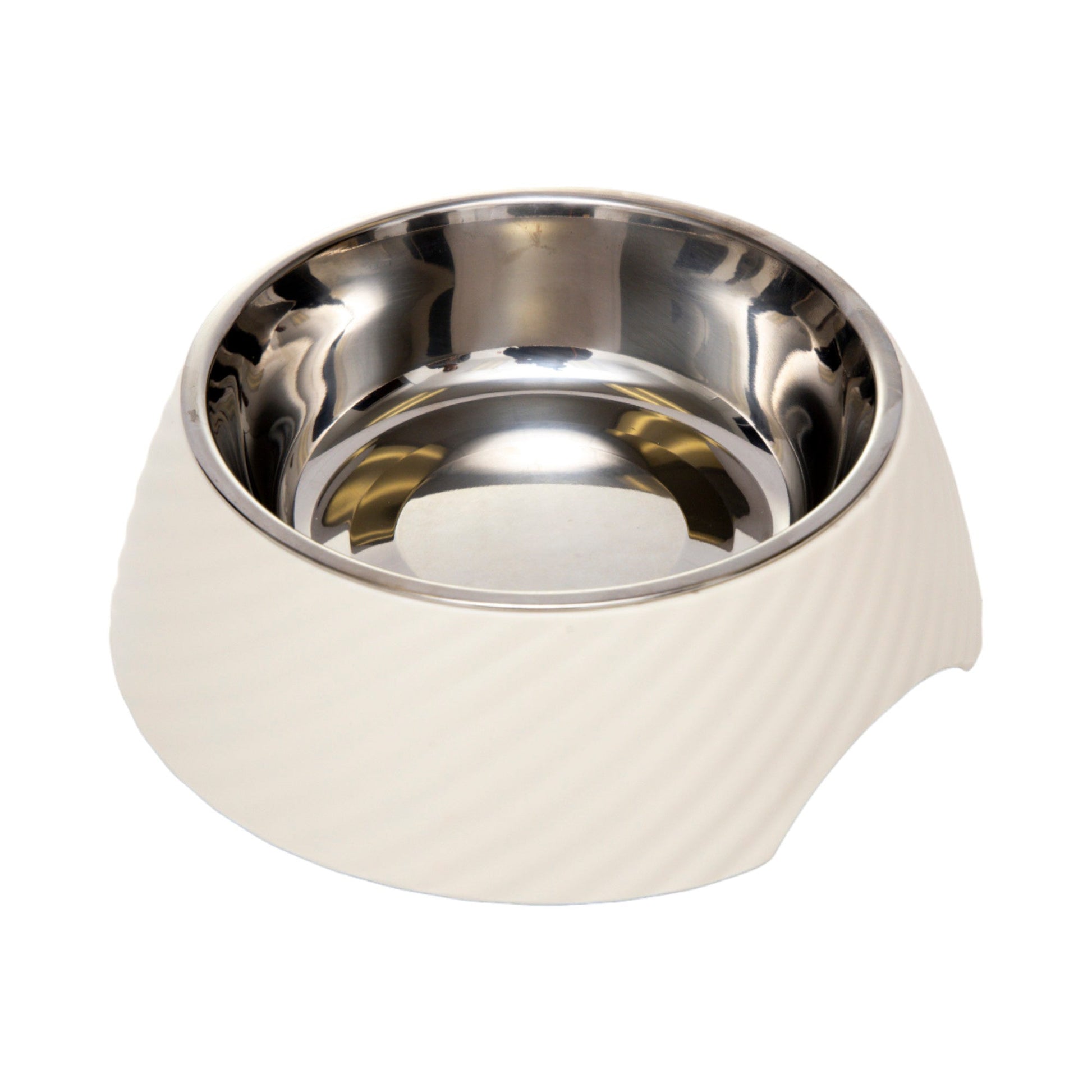 Luxury pet feeding bowls made of stainless steel with elegant textured ceramic base