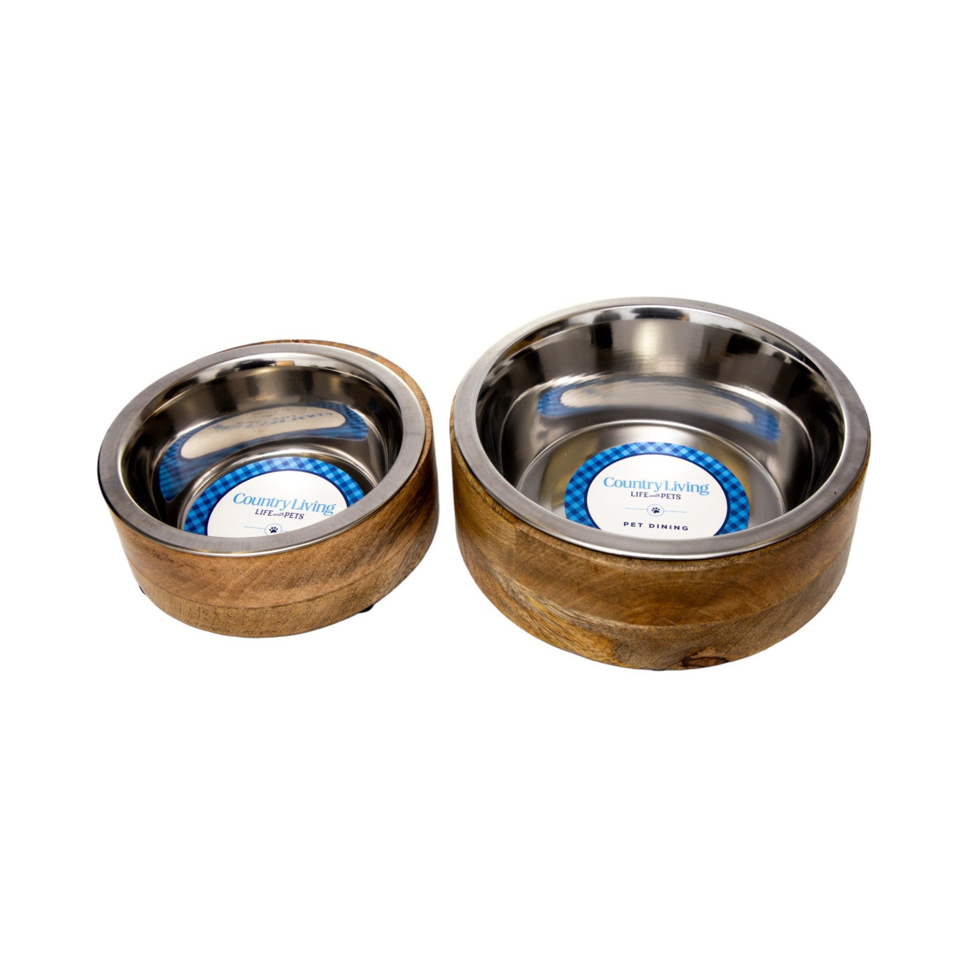 Luxury pet feeding bowls for dogs made of stainless steel with wooden bases in two sizes