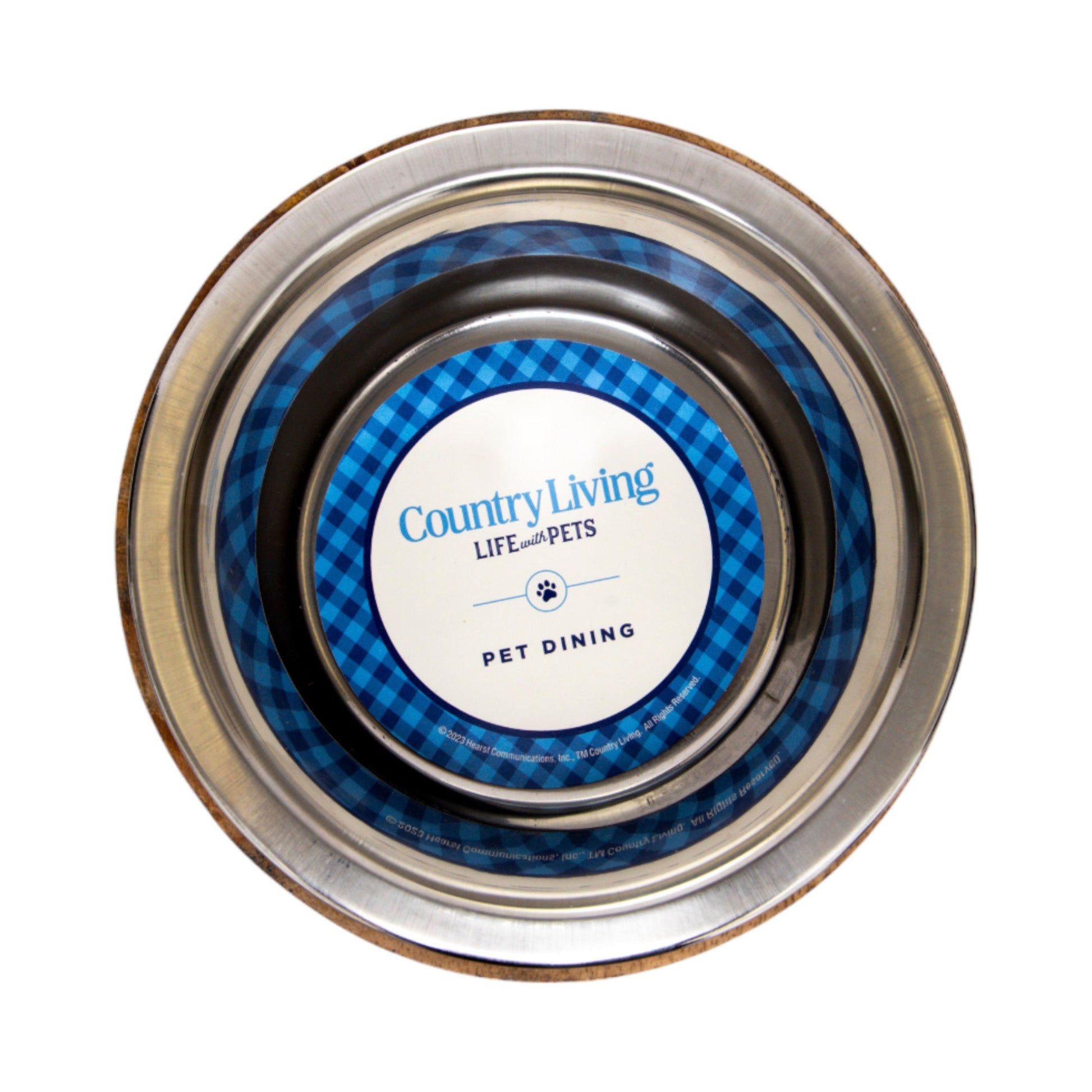 Luxury pet feeding bowls for dogs in stainless steel with a blue plaid design, perfect for pet dining