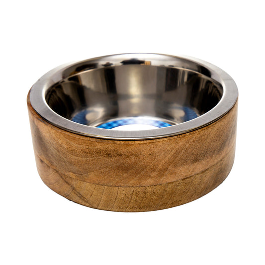 Luxury pet feeding bowls for dogs with a stainless steel interior and a wooden exterior