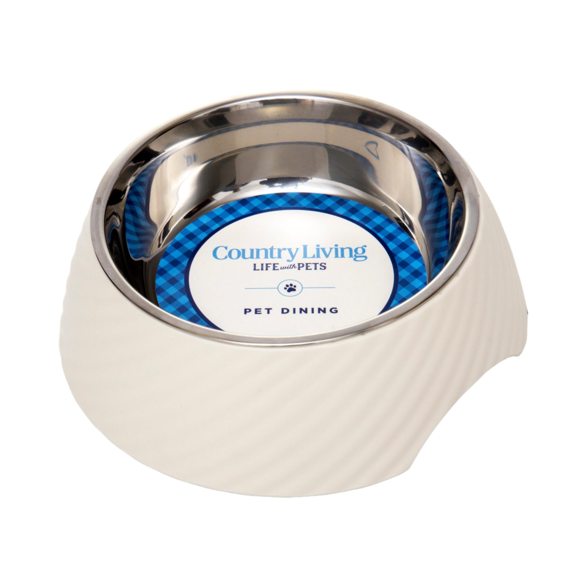 Luxury pet feeding bowls in white with stainless steel interior for stylish pet dining