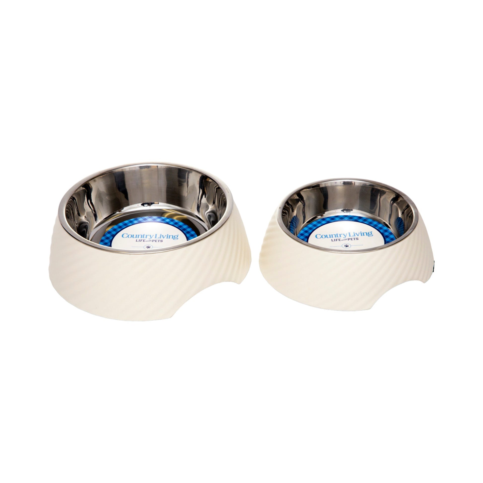 Luxury pet feeding bowls set with stainless steel and stylish cream-colored bases for pets