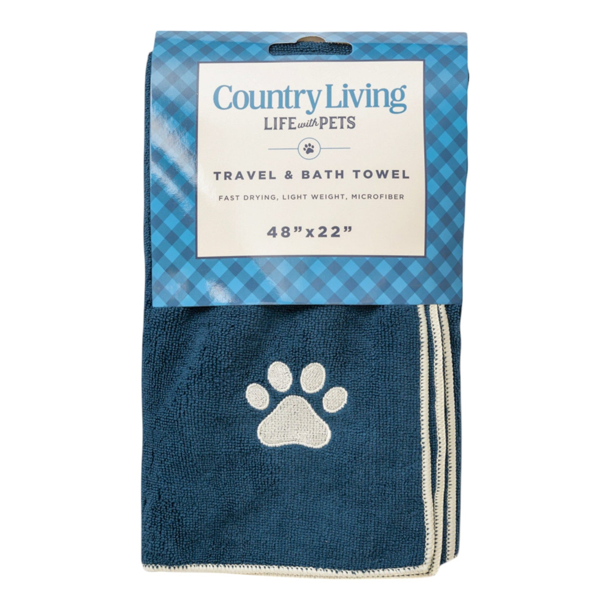 Purrfect Pet Kingdom Microfiber Dog Bath Towel in blue with paw print design, lightweight and fast drying