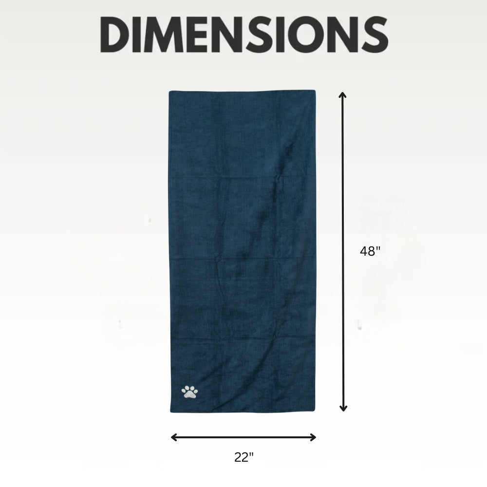 Microfiber Dog Bath Towel in navy blue measuring 22 inches by 48 inches for quick drying