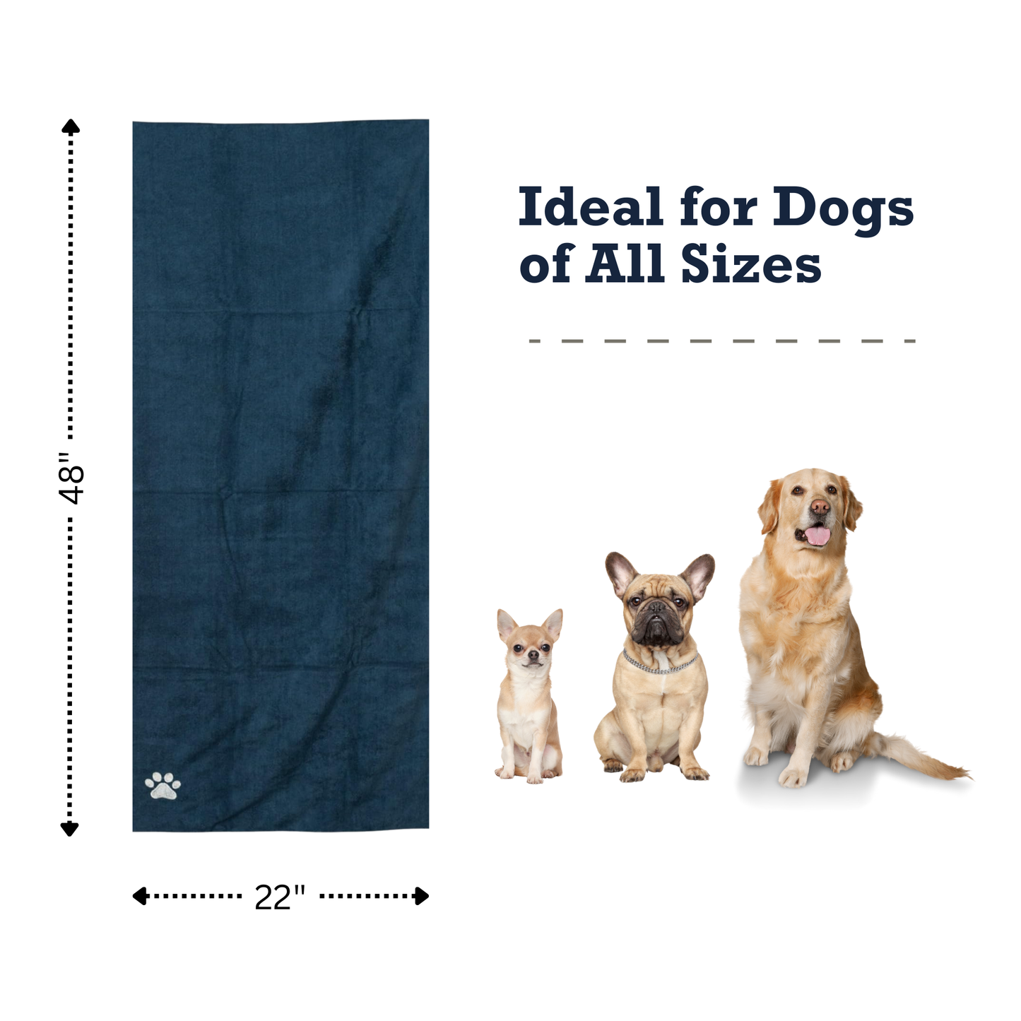 Microfiber Dog Bath Towel in navy blue, 48x22 inches, ideal for dogs of all sizes