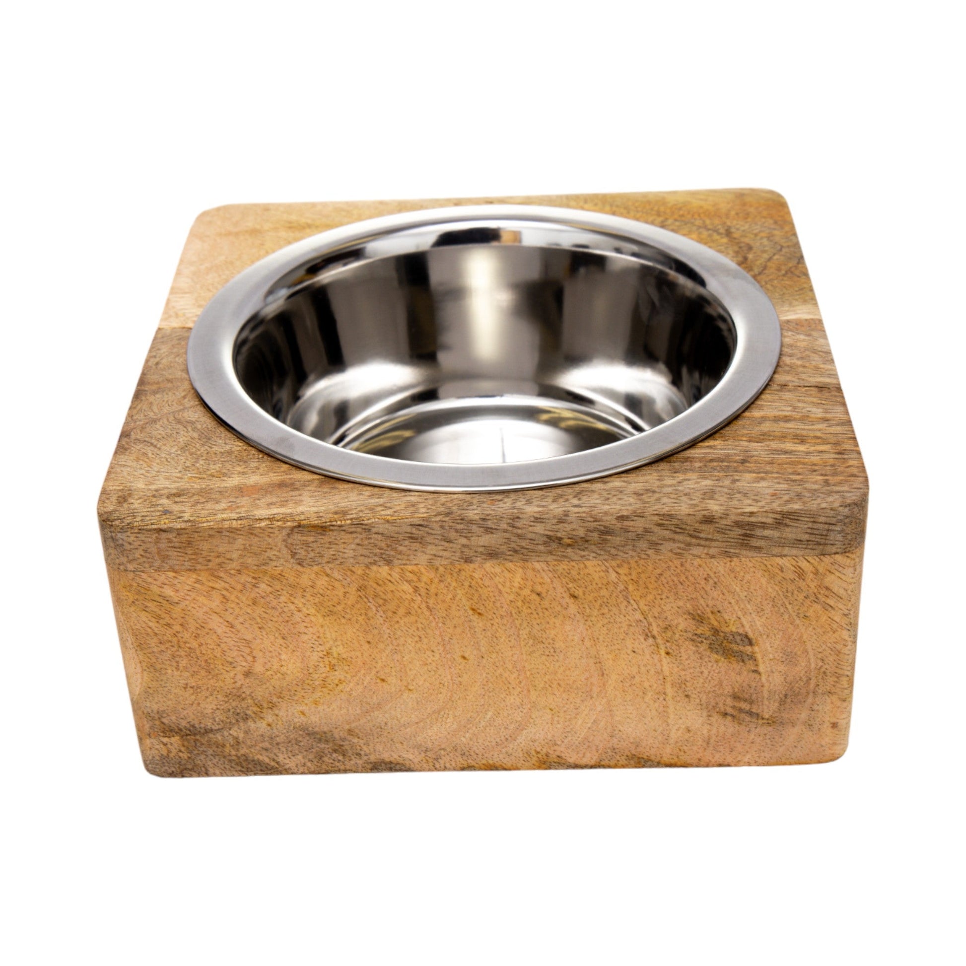 Modern pet feeding station with a stainless steel bowl set in a rustic wooden base for stylish feeding